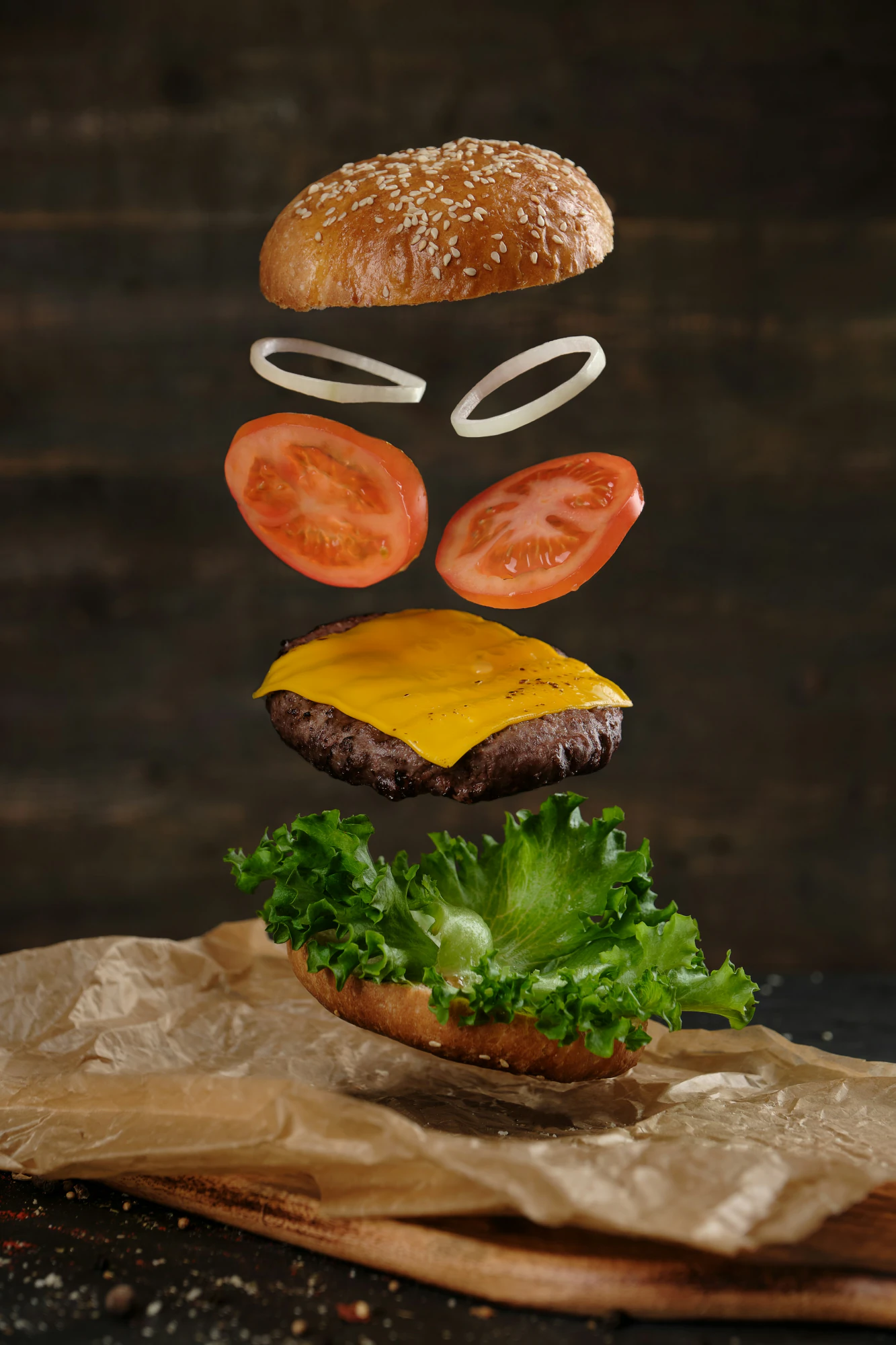 Burger broken open to show the ingredients